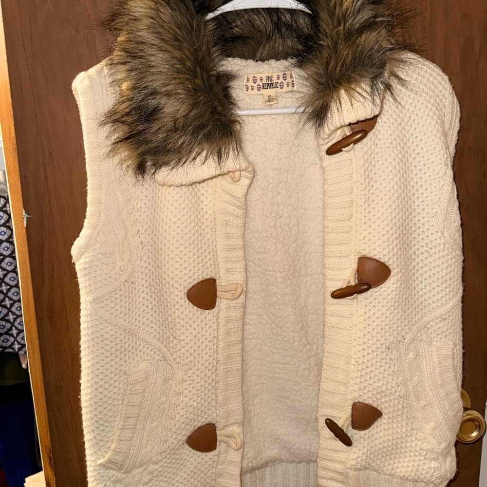 Pink Republic Cream Vest with Faux Fur Collar